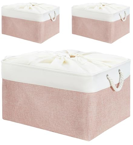 Mangata Aufbewahrungsboxen aus weichem Stoff, verschiedene Größen, rechteckige Behälterkörbe für Regal, Kleiderschrank, Spielzeug und Kleidung, 45 x 35 x 24 cm, Rosa und Weiß (XL, 3 Stück)