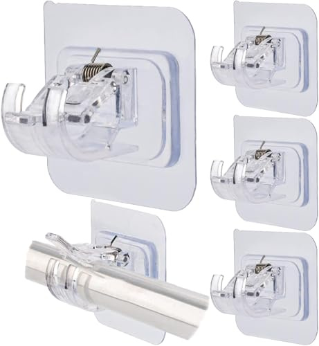 No Drill Curtain Rod Bracket Clear Plastic Self Adhesive Curtain Rod Holder | 4 Pcs No Drilling Rod Hook, Nail Free Adjustable Drapery Hanger for Home Bathroom Kitchen and Hotel Use