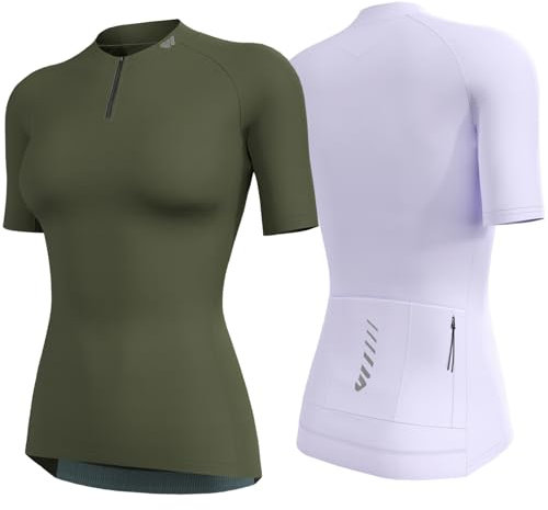 Wulibike Radtrikot Damen Halbe ReißVerschluss Fahrradtrikot Atmungsaktiv Rennrad Trikot Kurze äRmel Frauen Fahrrad Shirt 4 Tasche Radfahren Tops Upf50+ Olivengrün-Lila M