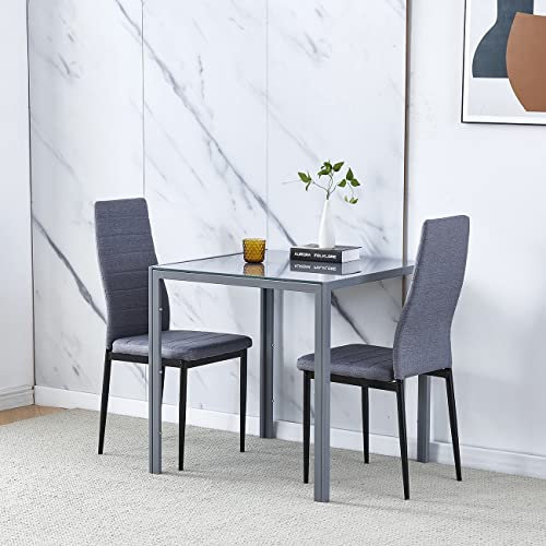 Juego de mesa de comedor de cristal gris para 2 mesas cuadradas de cocina pequeñas con parte superior de vidrio templado, 2 sillas de tela de lino gris con patas de metal, juego de comedor de 3 piezas