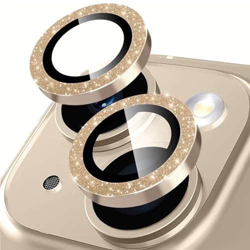 Rainway Camera Lens Protector for iPhone 15 / iPhone 15 Plus, Glitter Decoration Individual Lens Protectors, Ultra-tough HD Tempered Glass with Aluminum Rim, Ultra-thin, Gold