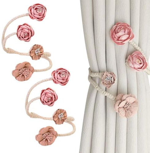 Auiremrti Set di 2 fermatenda per tende a forma di fiore di pesco rosa, design a torsione, per camera delle ragazze, set di tende e fermatenda