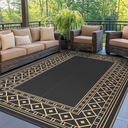 GENIMO Alfombra Exterior Terraza,Impermeable Reversible Plástico, Alfombra Barbacoa Exterior para Jardín, Picnic, Balcón,Vintage Negro Marrón,180x275 cm