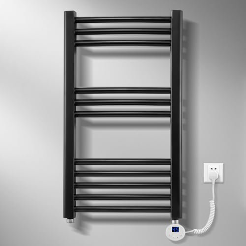 Bellanny 400W Flat Panel Electric Heated Towel, 700 x 400mm Towel Radiator with Timer Setting & Temperature Control, Wall Mounted Black Bathroom Ladder Radiator for Home, Bathroom, Hotel Room