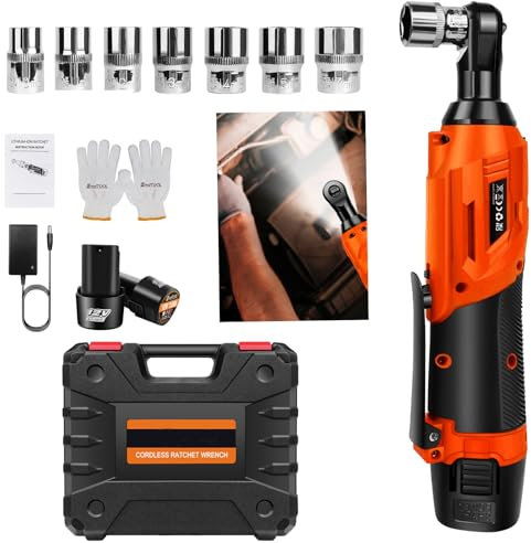 12V Cordless Ratchet Wrench with 2 x Li-Ion Battery and Fast Charger, LED Light, 7 Pcs Sockets, Max Torque 40N.m, 0-300 RPM, 3/8'' Electric Ratchet Wrench Tool Kit