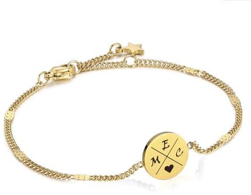 MeMeDIY Personalisiertes Kompass Armband mit Buchstaben Symbole Damen Freundschaftsarmband mit Gravur Initialen Silber Gold Roségold Schmuck Geschenk für BFF Schwesterherz Mutter Tochter -Gold