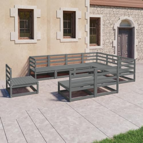 Qnhdfrt Garten Lounge Set 9 teilig Grau Kiefer Massivholz Ecksofa Paletten Design für Terrasse Balkon und Garten