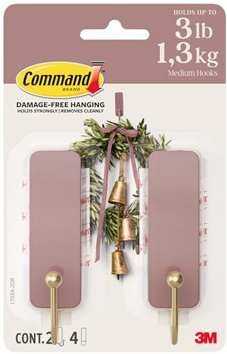 Command Medium Hooks, 2 Pink Hooks and 4 Adhesive Strips | Adhesive Wall Hooks, Damage-Free Hanging for Coats, Bags and Accessories and Home Décor, Holds 1.3 kg, Removes Cleanly