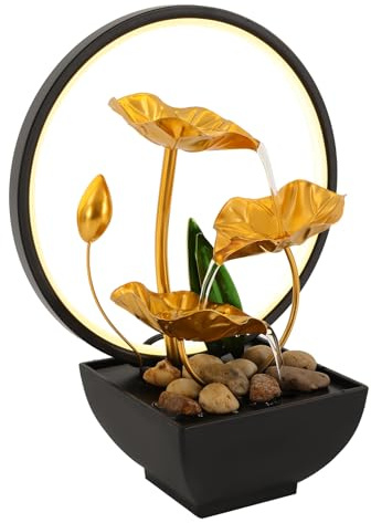 Zen Tischbrunnen mit LED Beleuchtung, Lotus Design Zimmerbrunnen Dekoration mit Wasserfall & Rieselstein, Elektrischer Tischwasserbrunnen - Atmosphäre Schaffen für Entspannung, Wohnzimmer, Büro