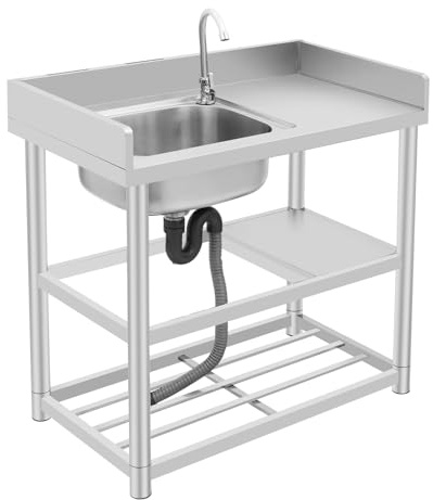 DIFU 90 x 50 cm Spültisch Edelstahl Freistehende Spüle Camping Outdoor Spültisch 1 Becken, Kommerzielle Restaurant Küchenspüle mit Plattform, Mobile Multifunktionswaschtisch (Links)