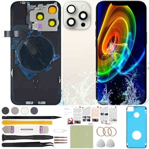 ReuWeu Ersatzglas für die Rückseite, kompatibel mit iPhone 15 Pro, allen Anbietern 15,5 cm (6,1 Zoll), vorinstallierte Platte, kabelloses Ladespule, Flexkabel, Mikrofon, Taschenlampe, Kamerarahmen