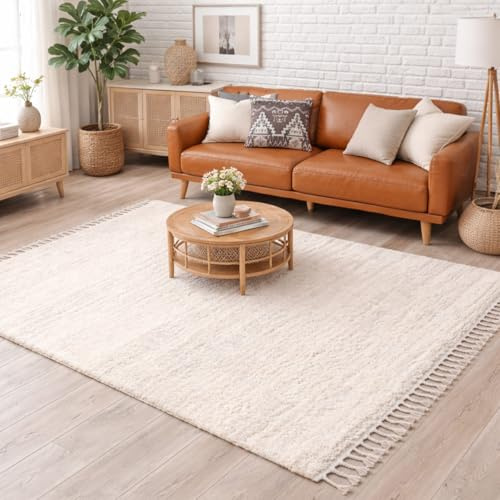 carpet city Hochflor Teppich Shaggy Creme 120x160 cm - Meliertes Muster, Fransen & Kettfäden - flauschig weich, kuschliger Schlafzimmer- & Wohnzimmerteppich