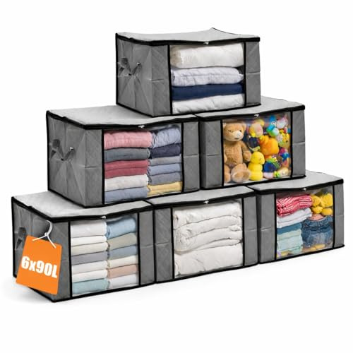 BigDean 6 Aufbewahrungstaschen 90L Tasche mit Sichtfenster | Große faltbare Kleideraufbewahrung mit verstärkten Griffen & Zwei-Wege-Reißverschluss, für Bettdecken, Kleidung & Umzug