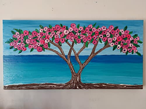DORON ARTE QUADRO MODERNO ASTRATTO DIPINTO A MANO TELAIO GALLERY BORDI DIPINTI - ALBERO DELLA VITA MARE FIORI ROSA - 40x80x4 cm -RIF64
