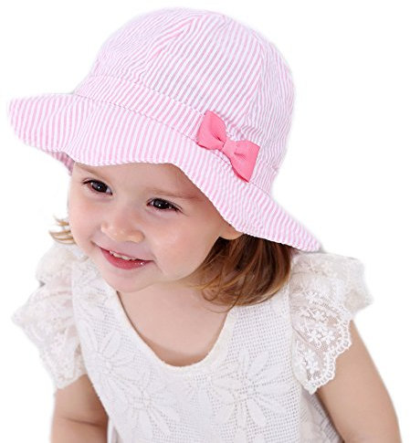 Baby Sonnenhut Mädchen Schirmmütze Kinder Hüte Flapper UV Schutz Caps Faltbarer Eimer Hut Weiche Baumwolle Strand Hüte Hut des Breiten Krempe Fischers rosa vertikal gestreifte Schleife,50 cm/1-2 Jahre