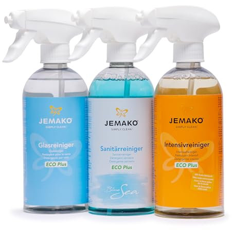 Jemako Reiniger im Set - 1 x 500ml Intensivreiniger ECO Plus - 1 x 500ml Sanitärgrundreiniger - 1 x 500ml Glasreiniger - inkl. Sinland Microfasertuch & 3 x Schaumpumpe