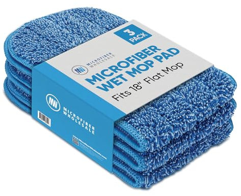 Microfiber Wholesale™ 18 inch Microfiber Mop Pads - Machine Washable, Reusable, Refills & Replacement Wet Mop Heads Compatible with Any Microfiber Flat Mop System (3 Pack)