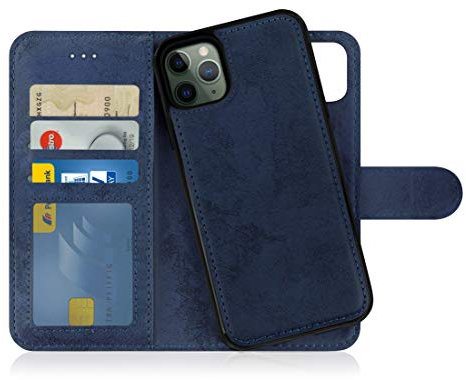 MyGadget Flip Case für iPhone 11 Pro Max - [ abnehmbare Magnet Hülle ] - Handyhülle aus Kunstleder - [ Klapphülle mit Kartenfach ] Schutzhülle in Dunkelblau