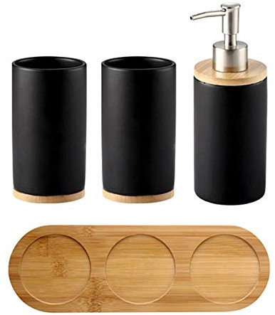 OnePine Badezimmer Accessoires Set Keramik, 4-teilig, Zahnbürstenhalter, Seifenspender, Bambus Fach, Zahnputzbecher