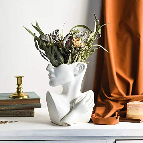 Funsoba Keramikstatue Blumenvase Gesicht Töpfe Büste Kopf geformt für Geburtstagsgeschenke Home Office Dekoration (weiß)