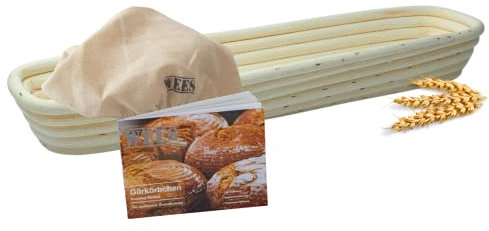 WEES-CK Handgefertigt aus 100% natürlichem Rattan - Peddigrohr Gärkörbchen, Brot Proofing, Fermentation Korb für Profis und Hobbybäcker, inkl. Anleitung und Leineneinsatz (Baguette)