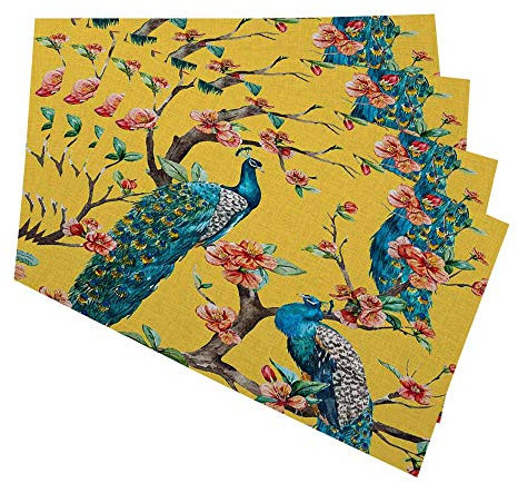 oFloral Tischsets für Küche, Esstisch, 4 Stück, Aquarellfarben auf einem Baum, Kirschbaum mit Blumen, gelber Hintergrund, Leinen, waschbar, hitzebeständig, Platzsets