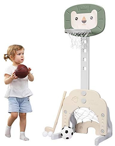 COSTWAY 3 in 1 Kinder Spielplatz, höhenverstellbarer Basketballkorb & Fußballtor & Golf, Basketballständer inkl. Bälle und Golf Club, Korbanlage für Innen- und Außenbereiche (Grün)