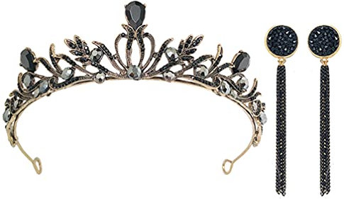 Lurrose Barock Braut Crown Schwarz Königin Schwarz Strass Europäischen Vintage Prinzessin Crown Braut Tiara Krone