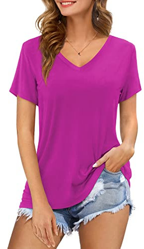 Florboom Damen Tshirt V Ausschnitt Longshirt Kurzarm Oberteile Loose Shirt Einfarbige Tops Lila XXL