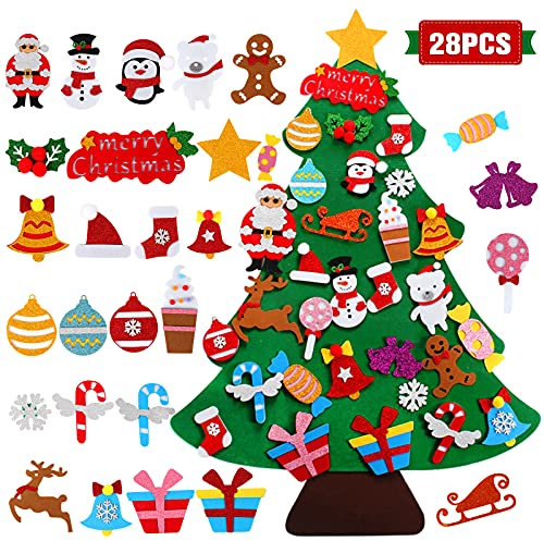 Fai da te Falt Feltro Decorazione per albero di Natale, 3,3 piedi Albero di Natale per bambini con 28 pezzi di polvere d'oro staccabile Ornamenti di Natale Decorazione da parete Albero di Natale