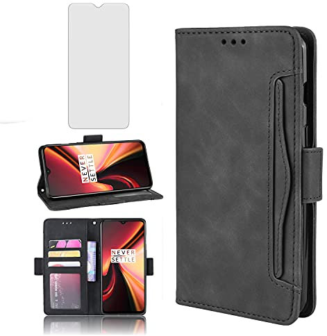 Asuwish Handyhülle für OnePlus 7T Hülle mit Glas Folie Schutzfolie Kartenfach Klappbar Leder Geldbörse Ständer Handyhüllen Panzerfolie Schutzglas OnePlus7T Handy Hüllen Schutzhülle Phone Case Schwarz
