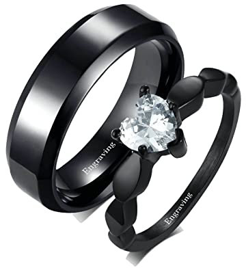 Gualiy Ring Für Männer Frauen Edelstahl, Paarringe Personalisieren 6MM Schwarzer Ring, Ring mit Zirkonia Herz Ringe Paare Damen 54 (17.2) & Herren 52 (16.6)