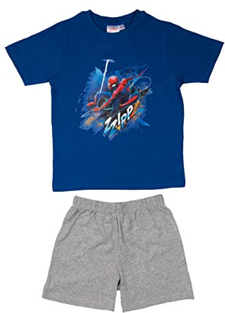 Marvel Spiderman Schlafanzug für Jungen Kinder Pyjama Set Kurzarm Oberteil mit Hose Blau/Grau (122-128)