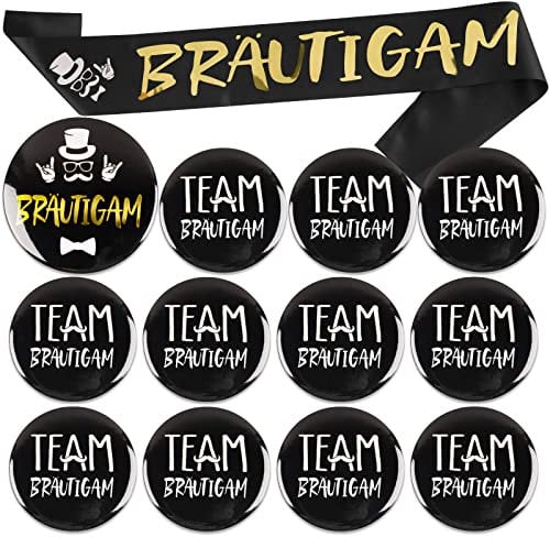 FLOFIA 13Pcs JGA Deko Männer Bräutigam Button Schärpe mit 11 Team Bräutigam Buttons Anstecker Hochzeit Junggesellenabschied Accessoires Abzeichen Mitgebsel Partyzubehör Schwarz Gold