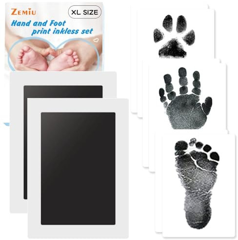 Zemiu XL Größe Baby Abdruck Set, 2 Pcs Baby Handabdruck und Fußabdruck Set Clean Touch Stempelkissen für Neugeborene/Baby Shower,Pfotenabdruck Set-Schwarz