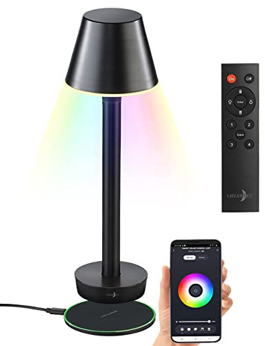 Lunartec Akkutischlampen: Smarte Outdoor-Tischlampe, RGB-CCT-LEDs, App, inkl. Fernbedienung (Tischlampen LED Wohnzimmer, Leselampe)