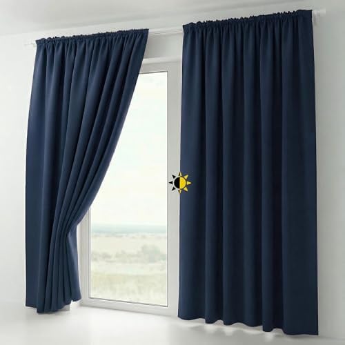 BEAUTEX 2er Set Kräuselband Verdunkelungsvorhang mit U-Band, Gardinen abdunkelnd und Blickdicht (B=140 cm, H=175 cm, Navyblau)
