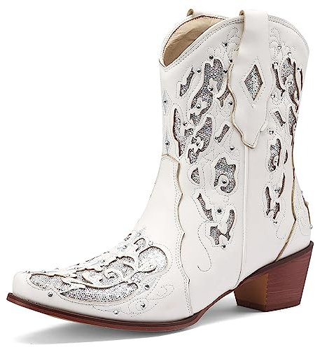 Donne Western Stivali da cowboy Stivali a metà polpaccio Wide Calf Stivali Cowgirl with Embroidered Chunky Heel Appuntito Moda Retrò Classico Pull On per donne Ragazze Le signore