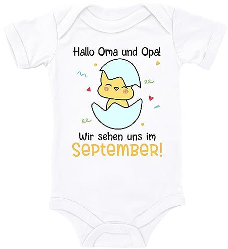 Blauer-Storch Baby Body in Weiß Hallo Oma und Opa, Wir sehen uns bald Schwangerschaftsankündigung, Schwangerschaft für Kleinkind Kurzarm Bio Baumwolle