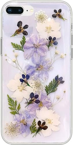 DrewCloth for iPhone 7 Plus/8 Plus Case Clear with Pressed Flowers Design,Silicone Press Dried Real Flowers Phone Case Aesthetic Floral Phone Case Cute for Women/Girly Girls,Funda para Mujer