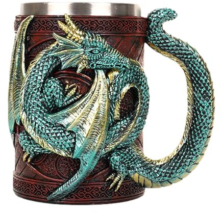 Dyeulget Taza Medieval con Doble dragón – Taza de Resina con Dragones Medievales renacentistas, Jarra de Cerveza, Taza de café Inoxidable, Taza de Regalo para Amantes de los coleccionistas