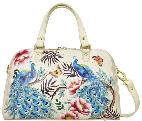 Anuschka Weiter Organizer Leder Satchel - Handbemalte Damen Umhängetasche - Pretty Peacocks