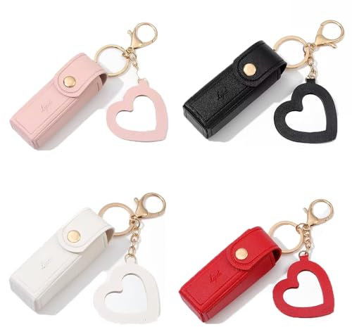 BOSOIRSOU 4 Stück Lippenstift-Etuis, Lippenstift-Organizer, Schlüsselanhänger mit Spiegel,PU-Chapstick-Etui, Lippenstift-Halter, Lipgloss-Tasche,Lippenbalsam-Beutel für Frauen,Reisen,Party, Geschenk
