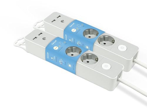 Garza Power - Pack de 2 regletas de 3 enchufes + 2 USBs | con Interruptor | Enchufe Plano | Ladrón múltiple 1.4 Metros | Protección Infantil | Color Gris | Gama Design