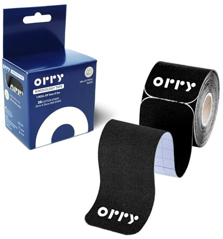 ORRY Kinesiologisches Tape - Gelenkunterstützung & Muskelschmerzlinderung - Latexfrei, Wasserbeständig, Elastische, vorgeschnittene Baumwollrolle, 20 Streifen (Schwarz)