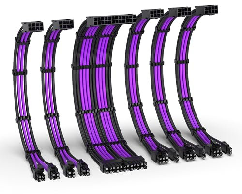 EZDIY-FAB Kit di Estensione del Cavo PSU,Estensione del di Alimentazione 16AWG-1x24Pin/2x4+4 EPS/3x6+2 PCI-E,Cavo con Manicotto per PC Personalizzato 300MM con Pettini-Nero Viola