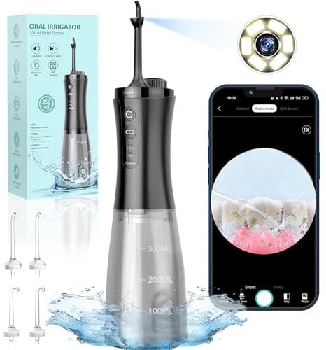 VITCOCO Visual Idropulsore Dentale Portatile, 2 Modalità, 12 Marce Totali, Irrigatore Orale da 350 ml con 5 Ugelli, Ricarica USB, Impermeabile IPX7, per iOS e Android, per Esame Orale e Pulizia Denti