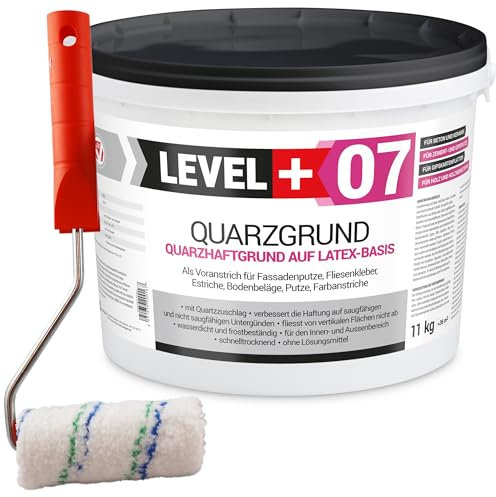 LEVEL+ 07 Quartz Primer 11 kg Plaster Primer Adhesive Bridge Primer for Concrete Plaster Primer White + Paint Roller 10 cm with Bracket Set