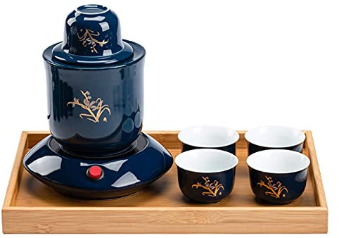 WJFLUCK Neues Sake-Set mit Tassenwärmer und Tablett, traditionelles 9-teiliges Heißgetränke-Set, inklusive 1 Wärmebecher, 1 Sake-Kanne, 5 Sake-Tassen, Orchidee, Geschirr (Orchidee B)