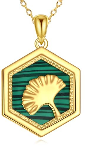VENACOLY Gold Malachit Gingko Blatt Halskette 925 Sterling Silber Gingko Blatt Anhänger Pflanze Schmuck Geschenke für Frauen Gingko Blatt Pflanze Liebhaber